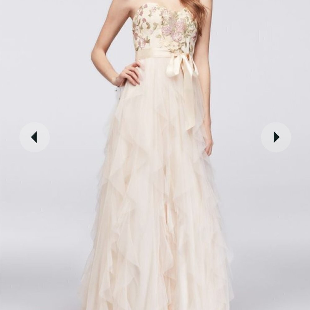 David's Bridal Floral Embroidered Tiered Tulle Gown Pink Champagne‎ Prom Dress